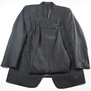 Profilo 44L 38x32 Black Striped 100% Wool Mens Jacket Pants Suit